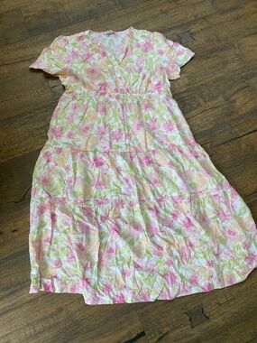 Casa Cabana Floral Tiered Midi Dress - Pastel Pink & Green - XXL